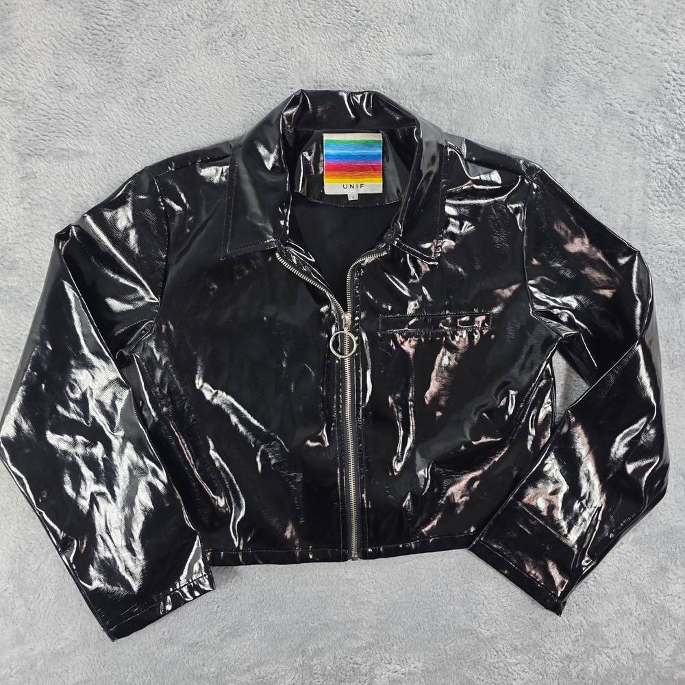 UNIF Women Large Black Patent Vinyl Cropped Moto Jacket O-Ring Zip Glossy